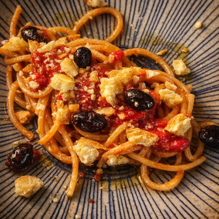 ddd Spaghetti con datterino salsato,olive parenzane, olio extravergine di varietà partenza e taralli con curcuma