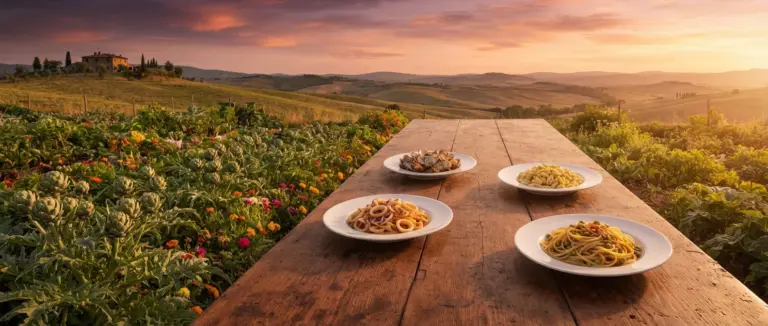 Tavola di legno con piatti di pasta artigianale tra i campi della campagna toscana, simbolo della filiera corta dei piccoli produttori italiani al tramonto