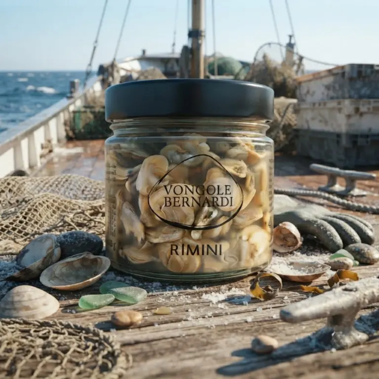 Vasetto di vongole dell'Adriatico Bernardi, pescate a Rimini, sul ponte di un peschereccio con reti e attrezzatura da pesca